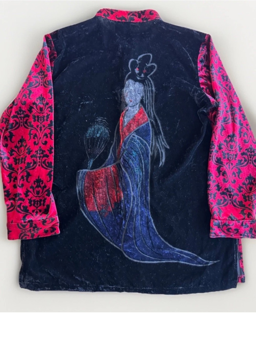 90s Look East Red Wine Velvet Black Geisha Asian Goth Button Down Jacket Top M